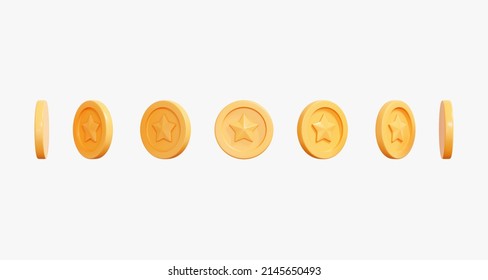 3D Gold Coin Set At Different Rotation Angles. Creative Design Icon For Game And Animation Isolated On White Background. All Rotation View. Realistic Coin With Star. Cartoon Collection. 3D Rendering