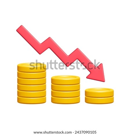 3d gold coin stack with red down arrow isolated on white background. Business and finance concept. Cartoon minimal style. Money coins icon render illustration.