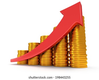 3d gold coins bar graph with red arrow on white. Grow, chart, business concept