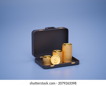 3d gold coins in black briefcase on gray background. 3D illustration rendering.
