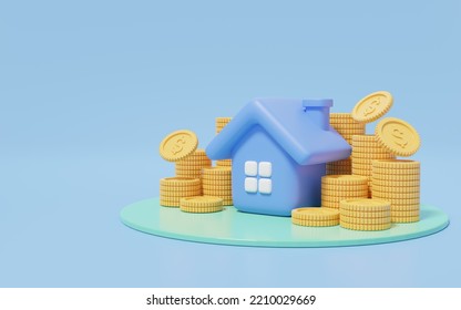 3d Gold Coins Falling Into Stack And House On Blue Background. Blue Home Model Icon On Green Pedestal. Financial Investment Growth Concept. Mockup Cartoon Icon Minimal Style. 3d Render Illustration.