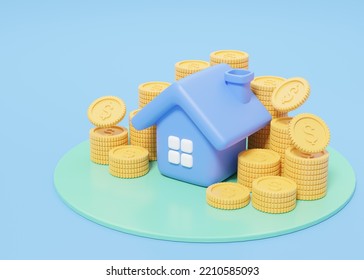 3d Gold Coins Falling Into Stack And House On Blue Background. Blue Home Model Icon On Green Pedestal. Financial Investment Growth Concept. Mockup Cartoon Icon Minimal Style. 3d Render Illustration.