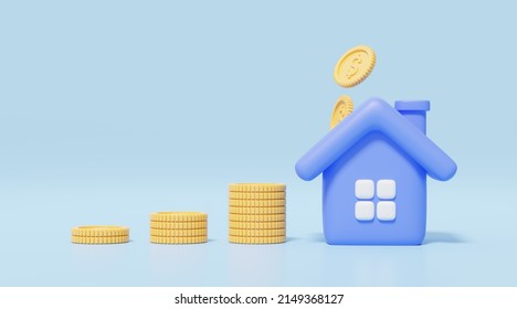 3d Gold coins stack and falling into blue house on blue background. Home model with windows, door icon. Financial investment growth concept. Mockup cartoon icon minimal style. 3d render illustration