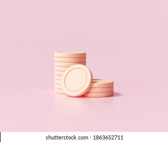 3D Gold Coins Stack on pink background, 3D coins icon for web banner, and mobile application icon. 3D render illustration.