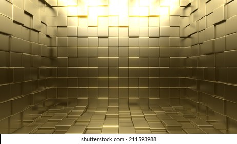 3d Gold Cubes Room With Dim Lights. Background Illustration.