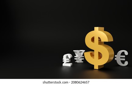 3D Gold Currencies Symbols Icon Isolated On Black Background. Economy Large Foreign Exchange Dollar, Pound, Euro, Yen Golden Signal,   Forex Trading Concept, Currency 3D Rendering.