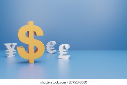 3D Gold Currencies Symbols Icon Isolated On Blue Background. Economy Large Foreign Exchange Dollar, Pound, Euro, Yen Golden Signal,   Forex Trading Concept, Currency 3D Rendering.