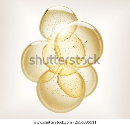 3d gold drops texture with bubbles inside. Olive or argan oil, omega vitamin circle balls. Liquid honey, clear serum, collagen gel, hyaluronic essence. Cosmetic, fuel or yellow water. 3D Illustration