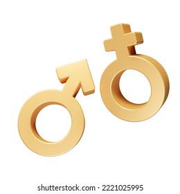 3D Gold Gender Icon Isolated On White Background. Couple Man And Woman, Female, Male, Stereotype, Blue And Pink 3d Paper Art, 3d Rendering.