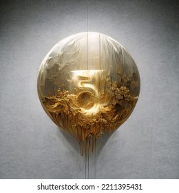 3d Gold Glass Metal Ball Number 5 Five Isolated White Background. 3d Illustration