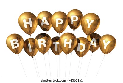 3D gold Happy Birthday balloons isolated on white background