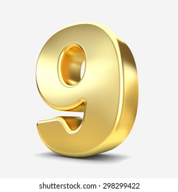 3d Gold Metal Number 9 Nine Isolated White Background