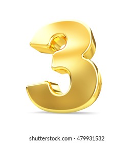 3d Gold Number 3 Three Isolated White Background.