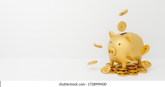 3d Gold Piggy Bank Isolated On White Background Abstract With Gold Coins Falling. 3d Rendering For Advertisement Board, Investment Banking Financial. Save Money Business Finance. Pig Money Box Icon.