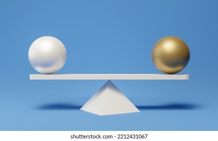 3D Gold See Saw Balance Isolated On Blue Background. The Seesaw Has A Pivot Point In The Middle Of The Board.  Stability, Equal, Scale, Justice, Compare, Copy Space, 3D Rendering.