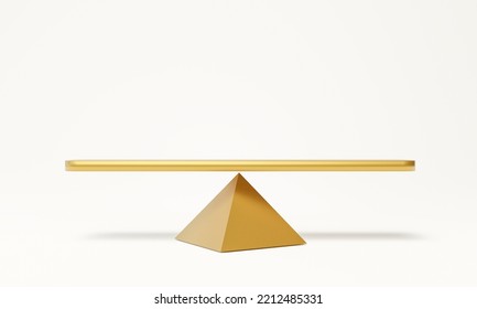 3D Gold See Saw Balance Isolated On Blue Background. Golden Seesaw Has A Pivot Point In The Middle Of The Board Stability, Equal, Scale, Justice, Compare, Copy Space, 3D Rendering.