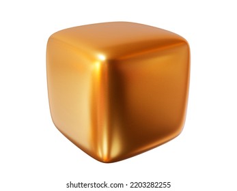 3d Gold Shape Rounded Cube. Metal Simple Figure For Your Design On White Isolated Background. 3d Rendering Illustration