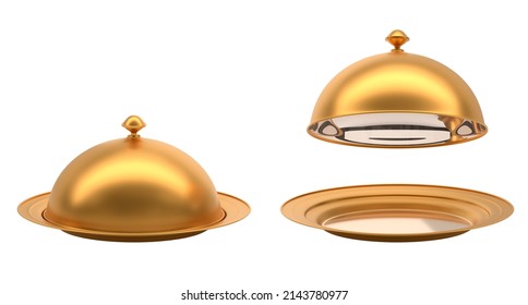 3D Gold Tray With Open And Closed Cloche. Realistic Set Of Golden Plates With Dome Lids, Mockup Empty Dishes For Serving Hot Food In Restaurant, Isolated On White Background, 3D Render Illustration