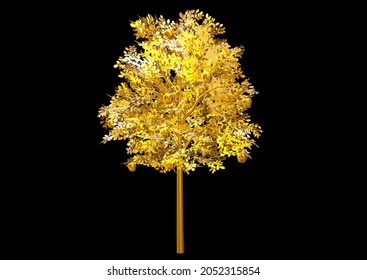 3D Golden Apple Tree Illustration On Black Background. Golden Tree.