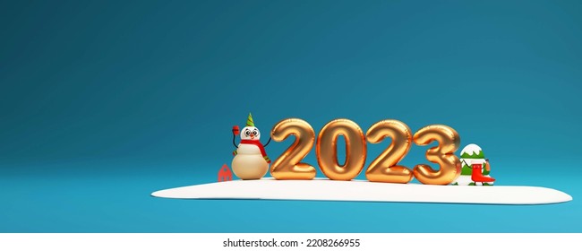 3D Golden Balloon 2023 Number With Snowman Enjoying Drink, House, Funny Santa Sock, Snowy Xmas Tree On Blue Background.