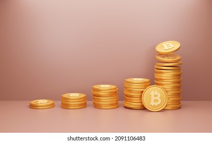 3D Golden Bitcoin 5 Step crypto currency Stacking isolated on copper colour background. Yield farming involves lending or staking cryptocurrency in exchange for interest and other rewards.