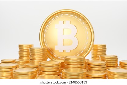 3D Golden Bitcoin Crypto Currency Stacking Isolated On White Background. Yield Farming Involves Lending Or Staking Cryptocurrency In Exchange For Interest And Other Rewards.