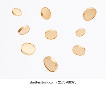 3D Golden Coin On Isolated White Background Use For Banner. Spinning Gold Coins In Different Shape. Market Investment Trading, Financial, Index, Forex, 3d Rendering.