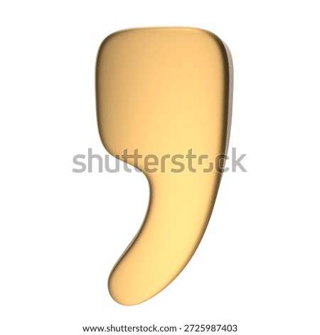 3D golden comma punctuation mark isolated on white background. Luxury matte gold metallic symbol. Modern character for design.