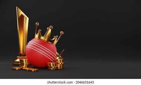 3D Golden Crown Over Red Cricket Ball With Trophy Cup, Crossed Bats And Coins Stack On Black Background.