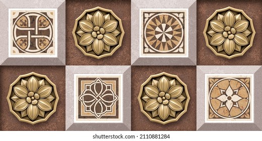 3D Golden flower wall tiles design,Print in Ceramic Industries Beautiful set of tiles in italian style in wall decor design, Ceramics, tiles, mosaic, abstract Motif wall art,