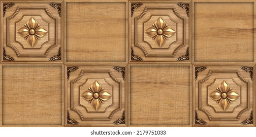 3D Golden Flower Wooden Wall Tiles Design, Print In Ceramic Industries Beautiful Set Of Tiles In Traditional Style In Wall Decor Design