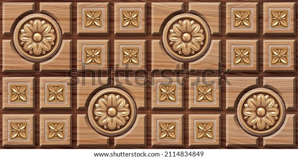 3D Golden flower wooden wall tiles design, Print in Ceramic Industries Beautiful set of tiles in traditional style in corridor wall décor design