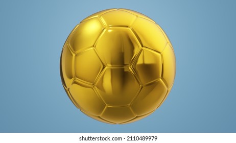3D golden football ball ilustration on blue background.