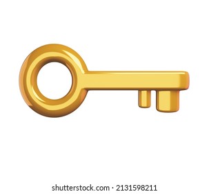 3d golden key icon. Rendering illustration of gold metal key isolated on white background. Cute cartoon design. Shiny children toy entry house decorative element, access, unlock, open door concept. 