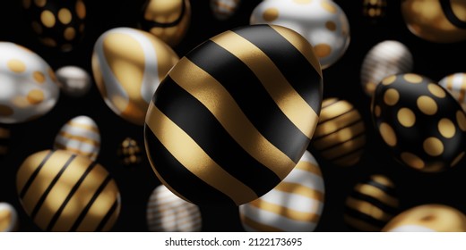 3d Golden Luxury Easter Egg With Pattern Falling On Dark Background. Golden Easter Eggs With Dark Paint On Black Background. 3d Rendering