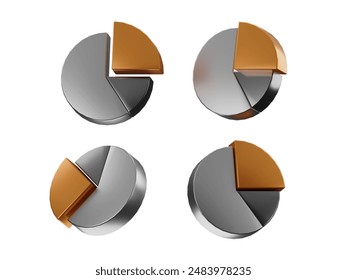 3D Golden Pie chart icon on isolated white background. gold geometry math graph. Ratio and Proportion Reading Chart. stats, piece, 3D rendering Wheel.