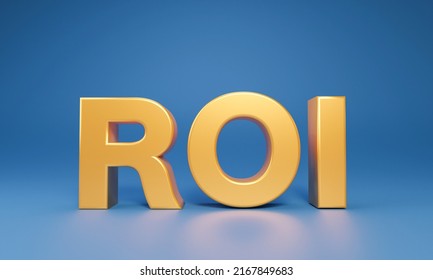 3D Golden ROI - Return On Investment Isolated On Blue Background. Business And Financial Investment Trading Concept. Calculate, Stock Market, Gold 3D Rendering.