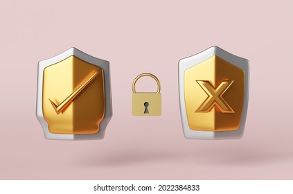 3d Golden Shield Check And Shield Insecure With Gold Lock Isolated On Pink Background. Internet Security Or Privacy Protection Or Ransomware Protect Concept, 3d Render Illustration