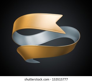 3d Golden Silver Metallic Ribbon Banner Isolated On Black Background, Textile Texture