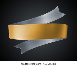 3d Golden Silver Metallic Ribbon Tag Isolated On Black Background, Textile Texture