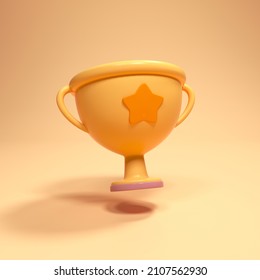 3d Golden Trophy Cup With Star Icon, Winner Cup Championship Cartoon Style Concept. 3d Render Illustration