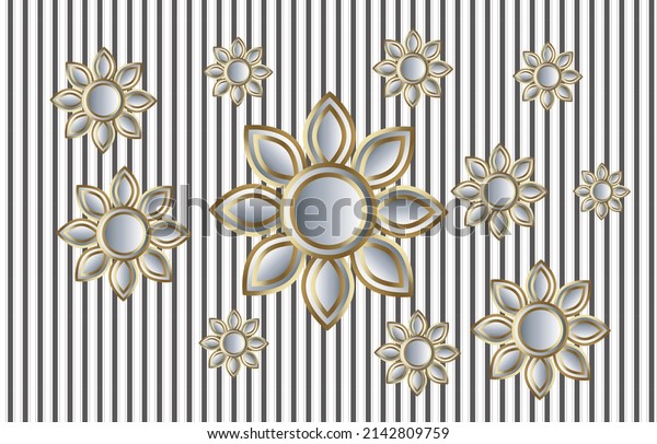 3d golden yellow flowers on striped background. wallpaper design and decoration element. 3d mural image.