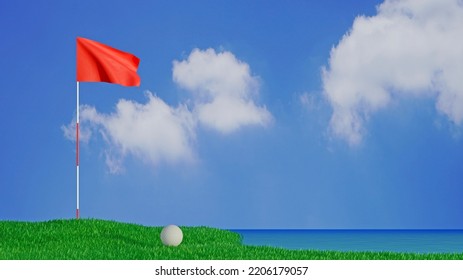 3D Golf Course Near Water Source Sea View Red Flag And White Golf On Green Grass Field Windy Blue Sky White Clouds In A Fresh Day