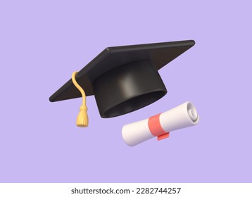 3d graduation cap and diploma in cartoon style. the concept of online learning or education. illustration isolated on purple background. 3d rendering - Powered by Shutterstock