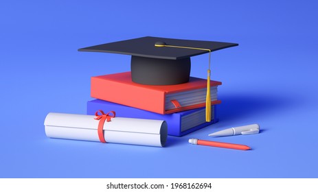 
3D Graduation Cap And Diploma. 3d Rendering Illustration