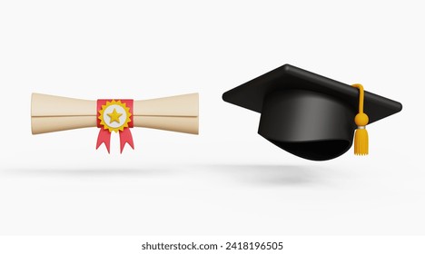 3D graduation ceremony hat with degree or diploma certificate. Goal, Achievement, Business Graduation Concept. Graduate cap with tassel and diploma roll icon. 3d illustration - Powered by Shutterstock