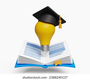 3D graduation concept. Convocation concept. Bachelor’s degree. Self learning. Light bulb with graduation cap and open book. 3d illustration