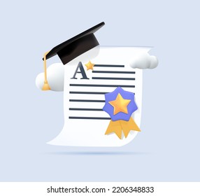 3D Graduation Of University, College Education. Graduation Hat And Diploma Medal, Badge Winner. 3d Education Diploma For Student Award Ceremony Concept Render Illustration. Online Education