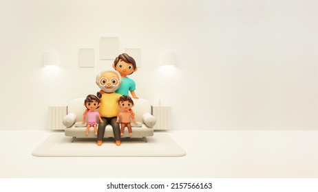 3D Grandfather With His Grand Kids Sitting At Sofa And Son Character In Interior View.