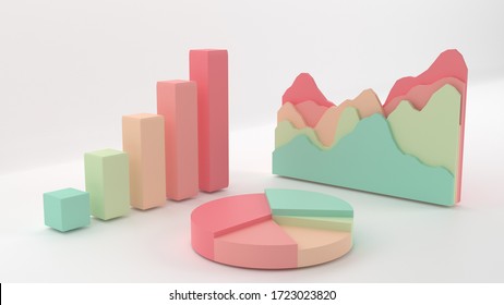 3D Graph. Group Of Business Bar, Pie And Ramp Charts. Pastel Palette